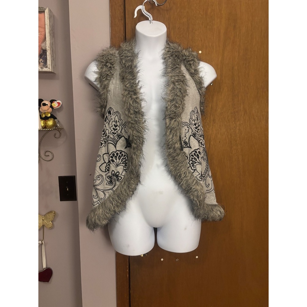 Y2K RXB Faux Fur Trimmed Floral Embroidered Patterned Vest Women Size S